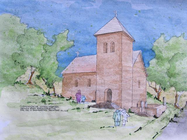 Rekonstruktion der Clemenskirche von Nordwesten aus gesehen.
Grafik: Michael Baumgartner