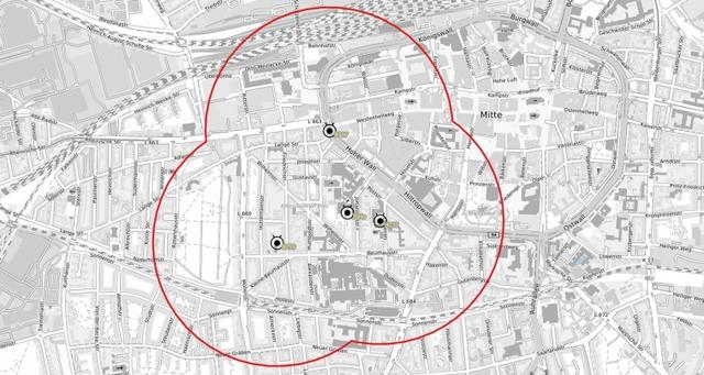 Evakuierungsradius im Dortmunder Klinikviertel am 12.01.2020 aufgrund von Bombenverdachtsfällen
Bild(Bildlizenz/Fotograf/Grafiker): Stadt Dortmund