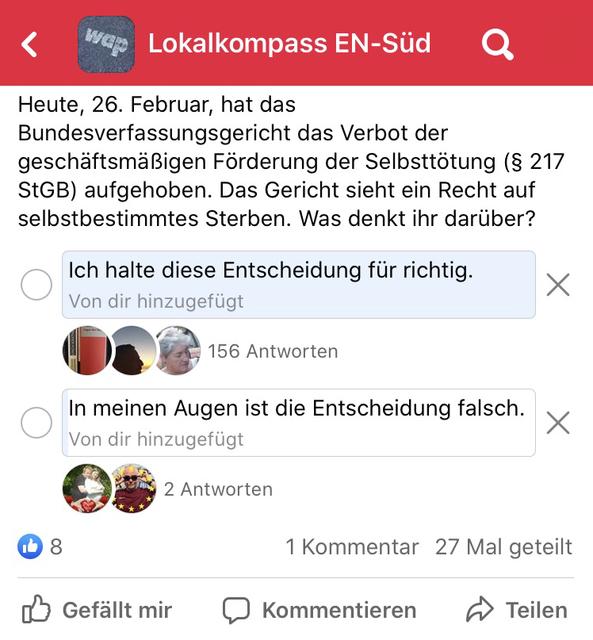 Die Mehrheit ist sich einig und hält die Entscheidung des Bundesgerichtshofes für richtig, das ergibt eine Umfrage der WAP auf Facebook.