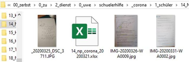 Im Schülerordner: "_20200325..." = meinerseits zugeordnete Aufgaben // "14_np_..." = Dokumentation über die Daten des Schülers // "IMG-:::" = Aufgaben des Schülres