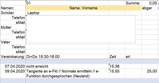 Dokumentation der Daten zum Schüler sowie der Arbeiten mit ihm und die gearbeitete Zeit
