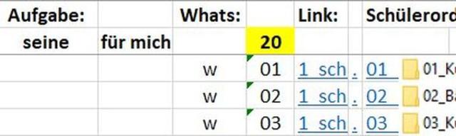 Zuerst Notizen für Aufgaben // Schüler-Nummer // "1_sch" = Link zur Dokumentation der Arbeit mit dem Schüler // "01_" = Link zum Sammelordner des Schülers 01 // Danach gelb gekennzeichnete Übersicht der Schülerordner mit Nummer und Name