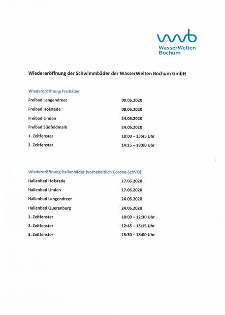 Staffelungen und Wiedereröffnungen der Frei-und Hallenbäder in Bochum. Ein Termin muss online gebucht werden.