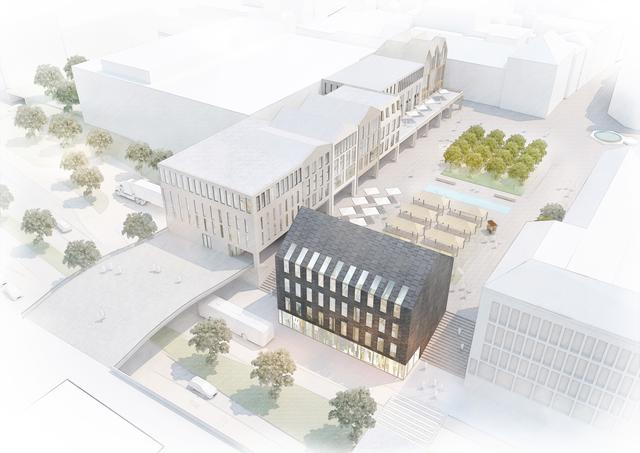 Blick auf den umgestalteten Schillerplatz aus Richtung Norden. Die integrierte Brücke ist nach Aussagen der Düsseldorfer Planer nur notwendig, wenn das Rathaus an der bisherigen Stelle verbleibt. | Foto: AIP