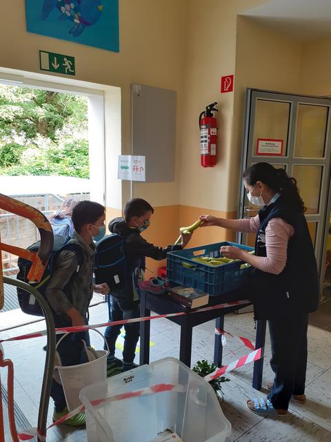 Mit Tornister und Eimer geht's ans "Kraftfutter": Bananen | Foto: Schule