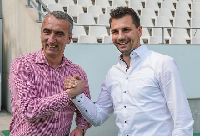 Freuen sich auf den neuen Trainer: RWE-Vorstandschef Marcus Uhlig und Sportdirektor Jörn Nowak.