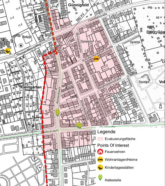 Der Evakuierungsbereich in Günnigfeld: Bewohner in einem Sicherheitsbereich von 250 Metern um die Bombe müssen ihre Wohnungen und Häuser verlassen. Betroffen sind insgesamt 680 Bewohner.  | Foto: Feuerwehr bochum