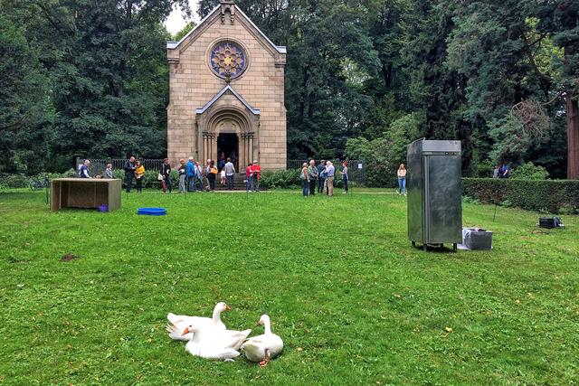 Gänse vor der Kapelle: Am 5. Juli 2020 fand zur Eröffnung des Internationalen Skulpturenparks die Performance "Political Wellness" statt. Die (politisch korrekt) freilaufenden Gänse fühlten sich offensichtlich wohl.