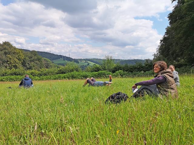 Sich einfach auf die grüne Wiese legen, Arme sowie Beine von sich strecken und die Augen schließen; auf einem Stapel Baumstämme Platz nehmen und eine Pause machen; Pflanzen anfassen sowie an ihnen riechen; ganz bewusst die Blicke schweifen lassen und sich dafür um die eigene Achse drehen - kleine Dinge, die dem Spaziergang durch den Wald eine andere Qualität geben, machen das "Waldbaden" aus.