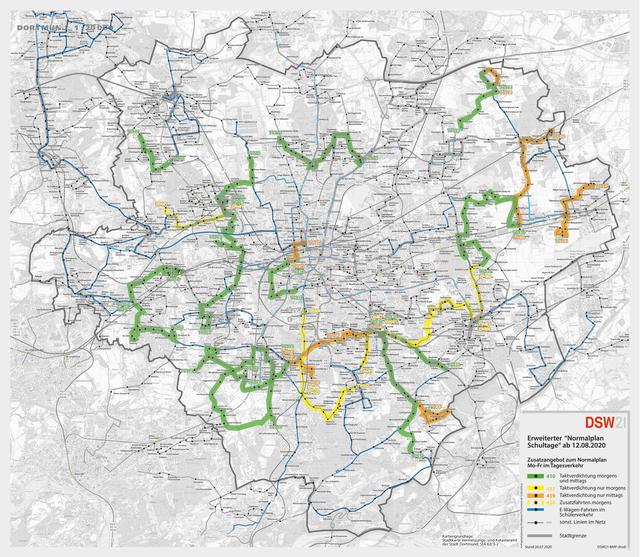 Diese Übersicht zeigt, das die grünen Linien in Dortmund morgens und mittags verdichtet werden, die gelben nur morgens und die orangen nur mittags.
