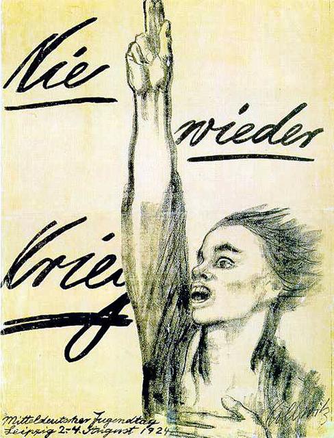 Nie wieder Krieg, Plakat für den Mitteldeutschen Jugendtag 1924, Kreide- und Pinsellithographie (Umdruck) von Käthe Kollwitz
https://www.dhm.de/fileadmin/medien/lemo/images/p62-23.jpg, Bild-PD-alt, https://de.wikipedia.org/w/index.php?curid=9140545