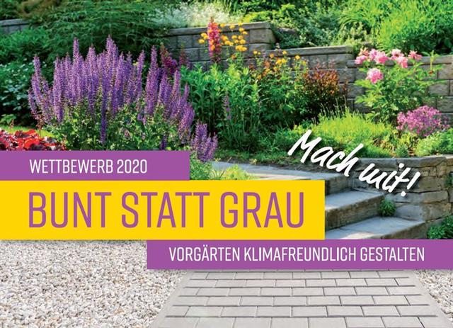 Titelseite der Postkarte zum Vorgartenwettbewerb im Rahmen des LEADER-Projektes "Bunt statt Grau 2020".