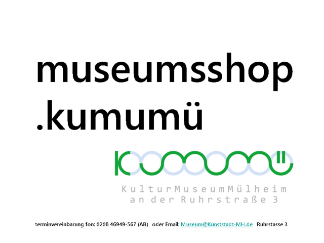 Im privaten Kulturmuseum Mülheim - kurz KuMuMü ist ein Museumsshop eingerichtet.
Kunst direkt vom Künstler kaufen.
Kunst aus der Stadt Mülheim an der Ruhr
