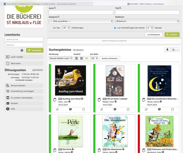 Ein Screenshot (Bildschirmfoto) des Online-Katalogs der KöB St. Nikolaus von Flüe.
