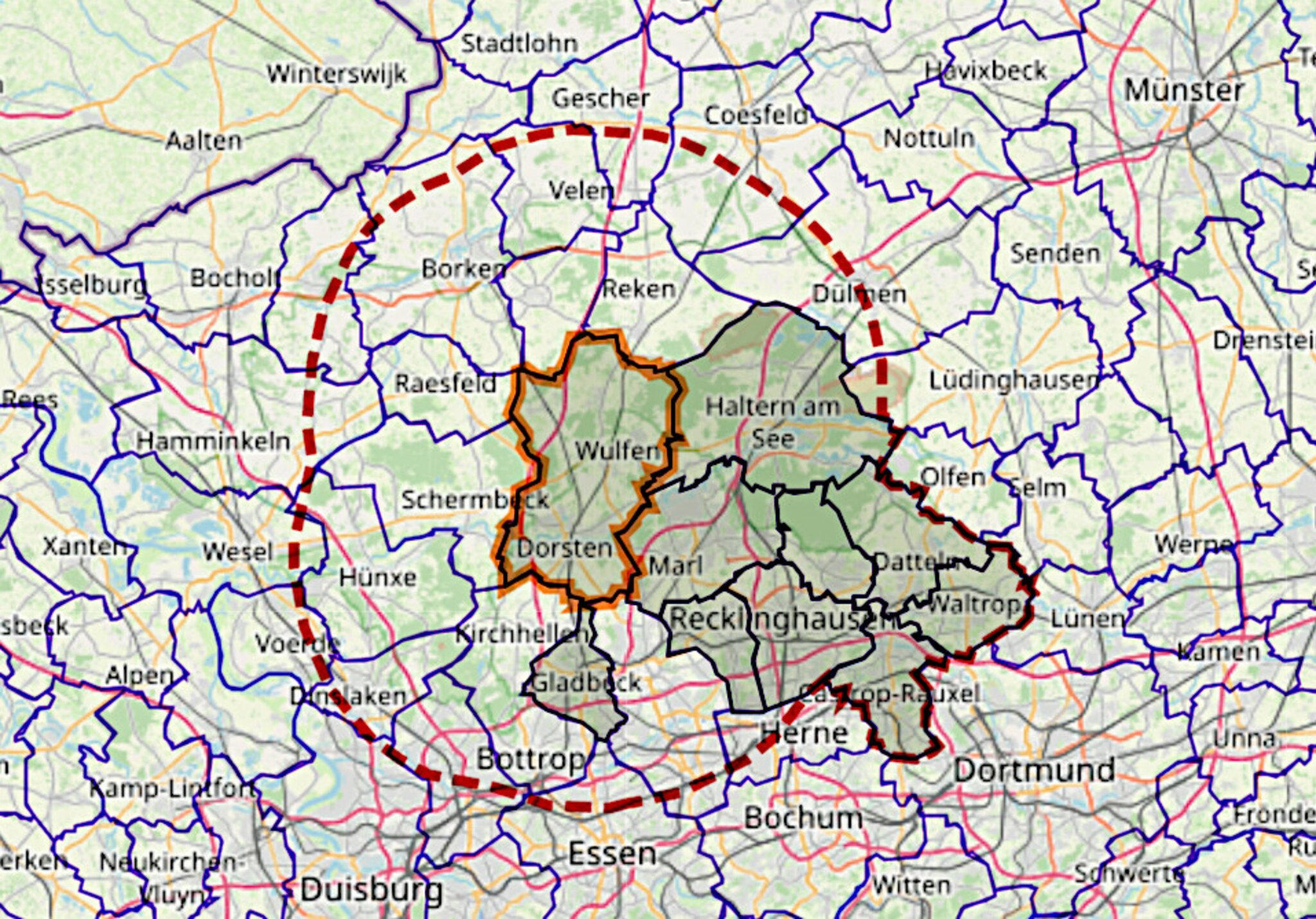 Corona Dorsten: Karte zeigt für Dorsten den auf 15 Kilometer begrenzten