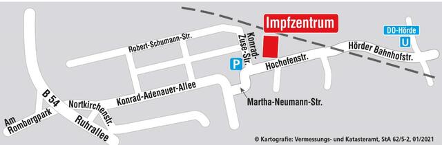 Mit dem Auto ist das Impfzentrum aus Richtung Dortmund-Innenstadt über die B54 erreichbar. An der Ausfahrt Richtung DO-Hörde/DO-Brünninghausen fährt man ab, biegt links auf "Am
Rombergpark" und weiter auf die Nortkirchenstraße. An der Ampel links abbiegen auf die Konrad-Adenauer-Allee, wieder links auf die Martha-Neumann-Straße und noch einmal links abbiegen auf die Konrad-Zuse-Straße.
Die Adresse für Navigationsgeräte: Konrad-Zuse-Straße, 44263 Dortmund.