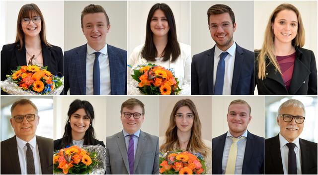 Rafaela Diakoumakou, Florian von den Eicken, Ulvije Osmani, Fabian Luley, Ausbildungsleiterin Ramona Fresen (oben v.l.) Vorstandsvorsitzender Andreas Otto, Merve Cicekli, Anton Abeler, Selina Tollkamp, Jan-Moritz Radke und Vorstand Lutz Uwe Magney (unten vl.) konnten sich pandemiebedingt nicht zum Gruppenbild aufstellen