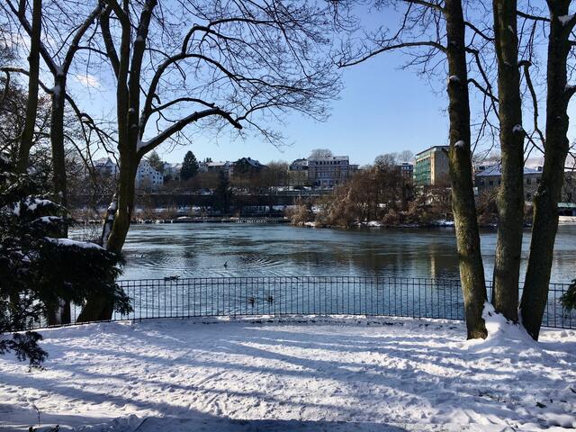 Der "Ruhrbalkon" im #KunstparkMülheim am rechten Ruhrufer in der Ruhranlage ermöglicht wieder den Ausblick auf die Ruhr und das Streichwehr und auf die Broicher Seite.