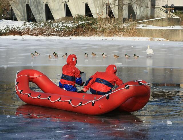 Große Eisschollen werden von Hand abgetragen. Die Enten schauen sich das Spektakel aus sicherer Entfernung an. | Foto: Britta Müller