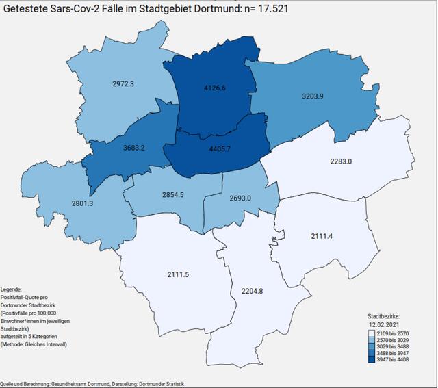 Getestete SARS-Cov-2 Fälle im Stadtgebiet Dortmund am 12. Februar 2021