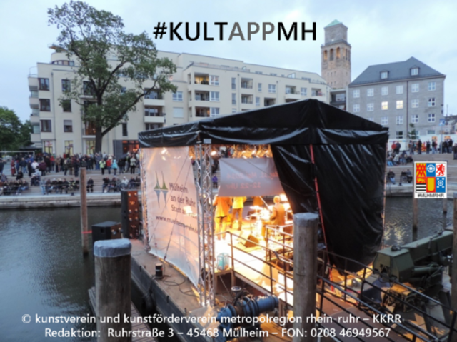 Das Logobild der #KultAppMH zeigt das Theater im Stdthafen mit Ponton-Bühne
