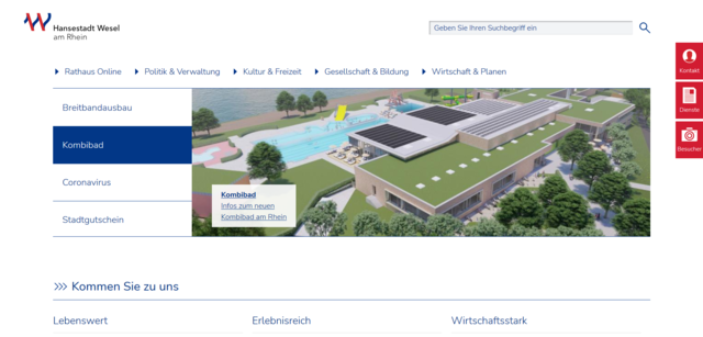 Mit vielen neuen technischen Elementen wirkt die städtische Internetseite von Wesel „aufgeräumt“ und modern. Mit Piktogrammen (hier zum Beispiel auf der rechten Seite in rot), einer guten Suchfunktion und einer übersichtlichen Navigation können Informationen einfacher und schneller gefunden werden.