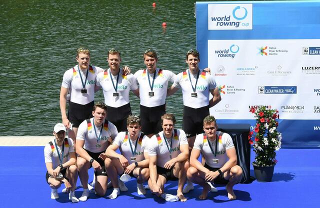 Der Achter mit Hannes Ocik, Richard Schmidt, Malte Jakschik, Jakob Schneider, Torben Johannesen, Olaf Roggensack, Laurits Follert, Johannes Weißenfeld und Steuermann Martin Sauer.