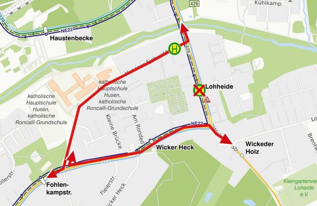 Nur für die Buslinien von DSW21 ist diese kleinräumige Ausweichstrecke gedacht. Der Individualverkehr wird weiträumig über die Husener, Plaß und Kurler Straße sowie den Flemerskamp umgeleitet.