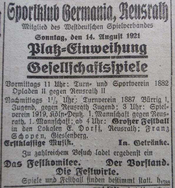 + SC Germania Reusrath + Platzeinweihung + 1921-2021 + 100 Jahre +