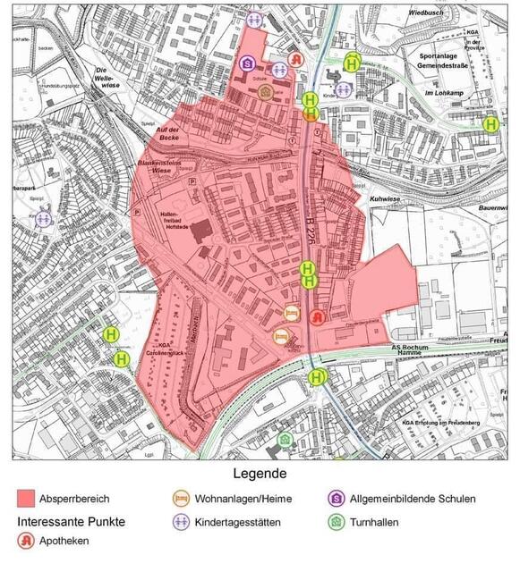 Die Grafik zeigt die Gebiete, die von der Evakuierung betroffen sind. | Foto: Stadt Bochum