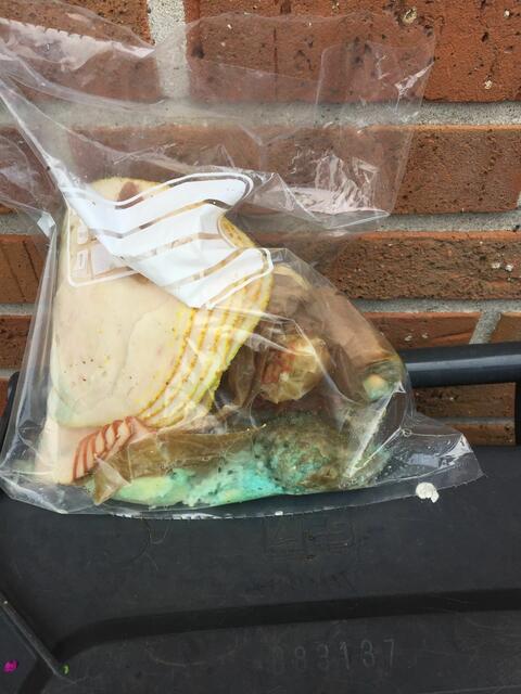 Diesen Gefrierbeutel mit Frikadelle, Aufschnitt, Brot und einer nicht identifizierten türkisfarbenen Flüssigkeit hat eine Hundebesitzerin in der Nähe des Glascontainers an der Seikenkapelle auf der Hardt gefunden.