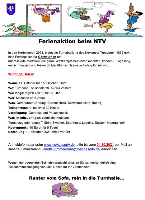 Flyer der NTV-Abteilung Turnen für ihre Herbstaktion 2021 im Gerätturnen