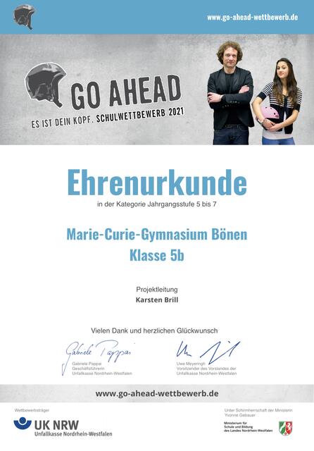 Ehrenurkunde für die Klasse 5B