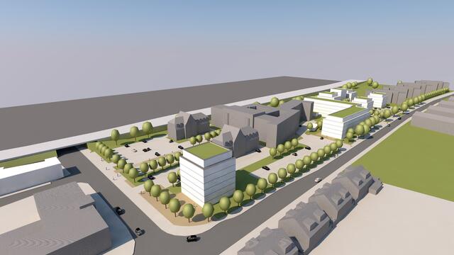 Das Plan-Bild zeigt einen Blick vom Dach des benachbarten Bunkers in Richtung Quartiersentwicklung.