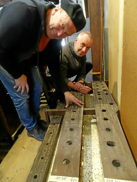 Matthias Wagner und Martin Schmerkotte betrachten den Schimmel in der Orgel. Die schwarzen Sporen sind deutlich zu sehen.  | Foto: Dabitsch