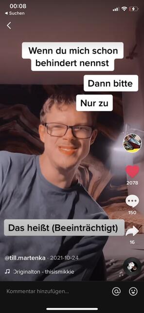 Im Netz setzt sich Till für Menschen mit Behinderungen ein. | Foto: Screenshot TikTok @till.martenka 