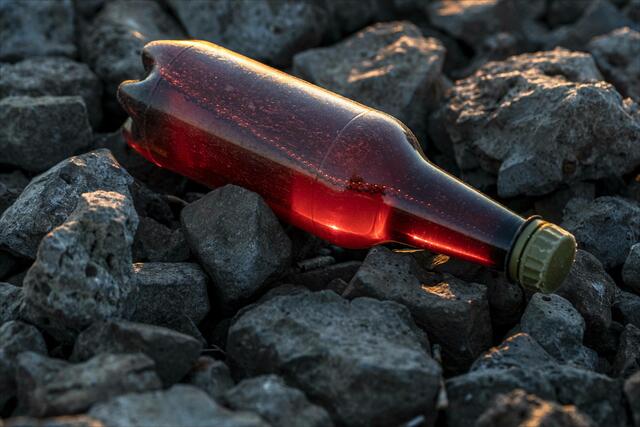 ... Flasche mit "Perlenschnur" in der Abendsonne am Rheinufer in Dinslaken