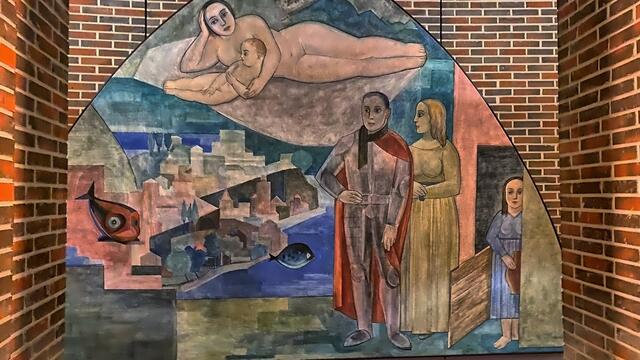 Wandbild von Adolf Uzarski (1926) im äußeren Foyer-Umgang.