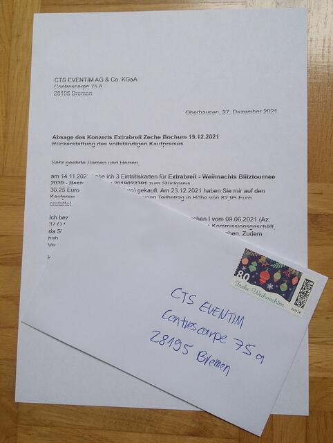 Mit Hilfe des Musterbriefs der Verbraucherzentrale wurde die einbehaltene Vorverkaufsgebühr erfolgreich bei Eventim eingefordert.