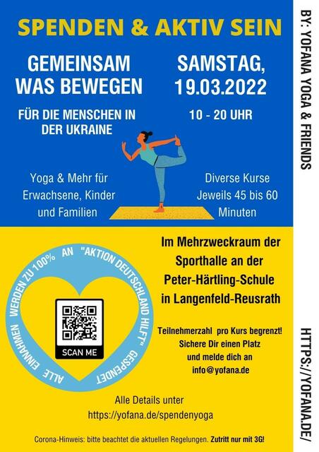 Eine Spendenaktion zugunsten der Menschen in der Ukraine findet am Samstag, 19. März, an der Grundschule Gießlenberg in Langenfeld-Reusrath statt. Unter dem Motto "GEMEINSAM können wir WAS BEWEGEN" gibt es zwischen 10 und 20 Uhr verschiedene Yogaklassen für Erwachsene, Zumba und Familienyoga auf Spendenbasis. | Foto: Zur Verfügung gestellt von: Stephanie Kretschmer