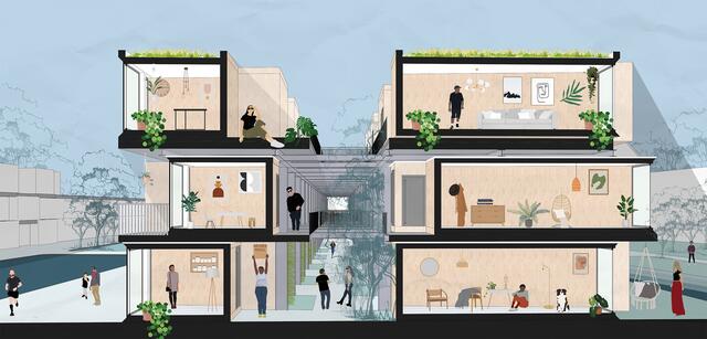 Querschnitt der Markthalle: Aus der ehemaligen Halle ist ein modularer Wohnblock geworden.