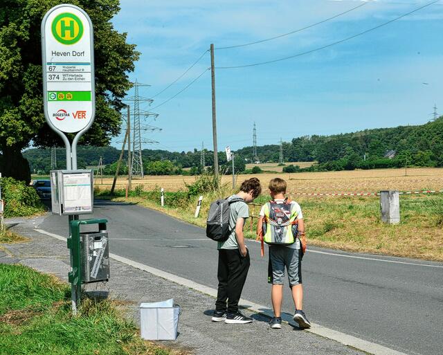 Haltestelle Heven Dorf an der Kleinherbeder Straße - ebenerdig am Straßen - und Feldrand, aber ohne Dach. | Foto: Barbara Zabka