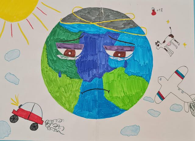 "Die Erde weint" - auf einem der Gewinnerbilder. Dieses stammt von Sarah und Jasmin aus der Eisbären-Klasse 4c der Diesterwegschule.