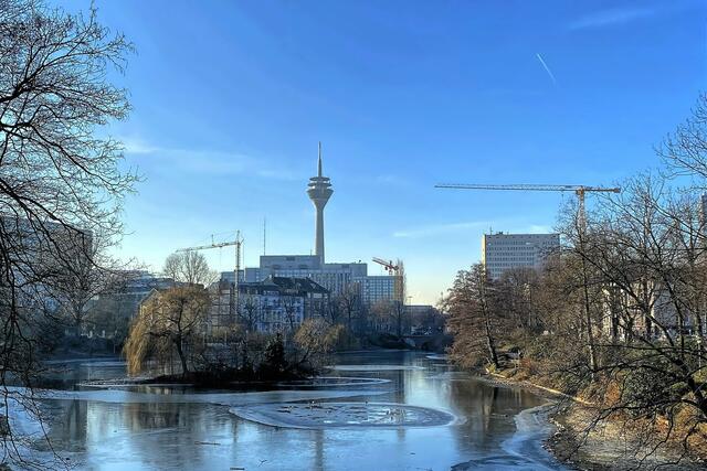 Schwanenspiegel mit Blick auf den Rheinturm. | Foto: ©Margot Klütsch