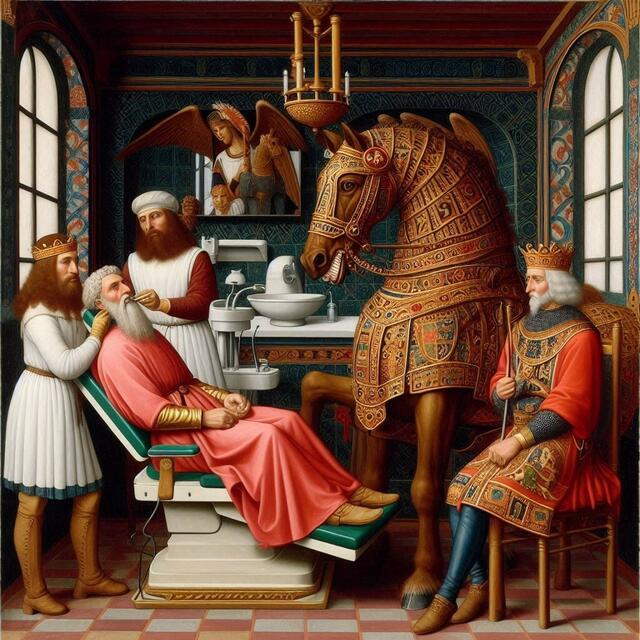Karl der Große beim Zahnarzt | Foto: Idee: Firla - Umsetzung: Designer-GPT-Bing