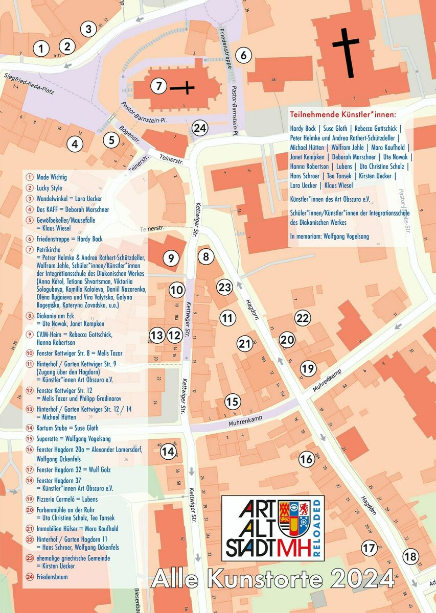 Wegweiser zum Programm und Leitfaden zum Event "ArtAltstadtMH-reloaded"

Die Altstadt von Mülheim an der Ruhr umfasst mehrere historische Straßen, die das charmante und gemütliche Flair der Gegend ausmachen. Zu den bekanntesten Straßen gehören:

Kettwiger Straße: Diese Straße führt durch das Herz der Altstadt und ist bekannt für ihre malerischen Fachwerkhäuser Gastronomie und Geschäfte.
Kirchenhügel: Hier befinden sich u.a. die evangelische Petrikirche und die katholische Kirche St. Mariä Geburt, zwei bedeutende historische Bauwerke.
Hagdorn: Eine weitere zentrale Straße im Quartier.
Bachviertel: Ein malerisches Viertel mit engen Gassen und Gastronomie.
Diese Straßen und Viertel tragen zur einzigartigen Atmosphäre der Altstadt der Ruhrtalstadt bei und sind beliebte Ziele für kulinarische und kulturelle Veranstaltungen. | Foto: Flyer: Designer Klaus Wiesel