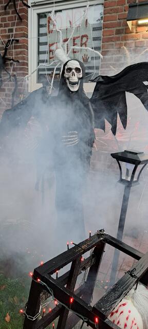 "Do not enter" steht im Fenster, davor ein Skelett im Nebel. | Foto: Dabitsch