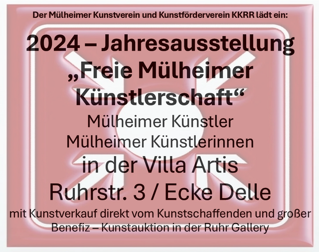Terminankündigung: Jahresausstellung 2024 "Freie Mülheimer Künstlerschaft"
Die Jahresausstellung Mülheimer Künstler hat eine lange und bedeutende Tradition. Sie bietet nicht nur eine herausragende Plattform für die Präsentation von Kunstwerken, sondern auch für deren Verkauf, was für die Förderung der regionalen Kunstszene von großer Bedeutung ist. 

Auch in diesem Jahr wird die Ausstellung vom Mülheimer Kunstverein und Kunstförderverein KKRR unterstützt, der seine Ausstellungsräume in der historischen Villa Artis, Ruhrstraße 3, im Herzen der Ruhrtalstadt Mülheim, direkt am rechten Ruhrufer, zur Verfügung stellt.

Während das Städtische Kunstmuseum im alten Reichspostamt bekanntgegeben hat, ab 2025 die neue Biennale „Mülheim Calling“ als Ersatzveranstaltung alle 2 Jahre zu etablieren, möchte der Mülheimer Kunstverein und Kunstförderverein KKRR die Tradition der Jahresausstellung als Jahresendrallye fortführen und gleichzeitig seine beliebte Benefiz-Kunstauktion wie in den vergangenen Jahren durchführen.

Die Jahresendrallye 2024 findet vom 22. November bis zum 20. Dezember 2024 in der historischen Villa Artis statt. 

Kunstinteressierte sind herzlich eingeladen, die Werke der regionalen Künstler*innen zu entdecken und die Möglichkeit zu nutzen, die ausgestellten Kunstwerke zu erwerben. Ein besonderer Höhepunkt der Ausstellung wird die Benefiz-Kunstauktion sein, deren Erlös wichtigen gemeinnützigen Zwecken zugutekommt.

Parallel zur Ausstellung lädt das private MMKM (Museum Moderne Kunst Mülheim an der Ruhrstraße 3) dazu ein, die aktuelle Schau „Ruhrpreisträger*innen Bildende Kunst – eine Bilanz seit über 60 Jahren“ in der dortigen Ständigen Sammlung zu besuchen. Diese Sonderausstellung bietet einen faszinierenden Rückblick auf die Entwicklungen der bildenden Kunst in der Region.

Verpassen Sie nicht die Gelegenheit, Teil dieser außergewöhnlichen kulturellen Ereignisse in Mülheim zu sein!

 | Foto: Mülheimer Kunstverein und Kunstförderverein KKRR