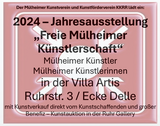 Terminankündigung: Jahresausstellung 2024 "Freie Mülheimer Künstlerschaft"
Die Jahresausstellung Mülheimer Künstler hat eine lange und bedeutende Tradition. Sie bietet nicht nur eine herausragende Plattform für die Präsentation von Kunstwerken, sondern auch für deren Verkauf, was für die Förderung der regionalen Kunstszene von großer Bedeutung ist. 

Auch in diesem Jahr wird die Ausstellung vom Mülheimer Kunstverein und Kunstförderverein KKRR unterstützt, der seine Ausstellungsräume in der historischen Villa Artis, Ruhrstraße 3, im Herzen der Ruhrtalstadt Mülheim, direkt am rechten Ruhrufer, zur Verfügung stellt.

Während das Städtische Kunstmuseum im alten Reichspostamt bekanntgegeben hat, ab 2025 die neue Biennale „Mülheim Calling“ als Ersatzveranstaltung alle 2 Jahre zu etablieren, möchte der Mülheimer Kunstverein und Kunstförderverein KKRR die Tradition der Jahresausstellung als Jahresendrallye fortführen und gleichzeitig seine beliebte Benefiz-Kunstauktion wie in den vergangenen Jahren durchführen.

Die Jahresendrallye 2024 findet vom 22. November bis zum 20. Dezember 2024 in der historischen Villa Artis statt. 

Kunstinteressierte sind herzlich eingeladen, die Werke der regionalen Künstler*innen zu entdecken und die Möglichkeit zu nutzen, die ausgestellten Kunstwerke zu erwerben. Ein besonderer Höhepunkt der Ausstellung wird die Benefiz-Kunstauktion sein, deren Erlös wichtigen gemeinnützigen Zwecken zugutekommt.

Parallel zur Ausstellung lädt das private MMKM (Museum Moderne Kunst Mülheim an der Ruhrstraße 3) dazu ein, die aktuelle Schau „Ruhrpreisträger*innen Bildende Kunst – eine Bilanz seit über 60 Jahren“ in der dortigen Ständigen Sammlung zu besuchen. Diese Sonderausstellung bietet einen faszinierenden Rückblick auf die Entwicklungen der bildenden Kunst in der Region.

Verpassen Sie nicht die Gelegenheit, Teil dieser außergewöhnlichen kulturellen Ereignisse in Mülheim zu sein!

 | Foto: Mülheimer Kunstverein und Kunstförderverein KKRR