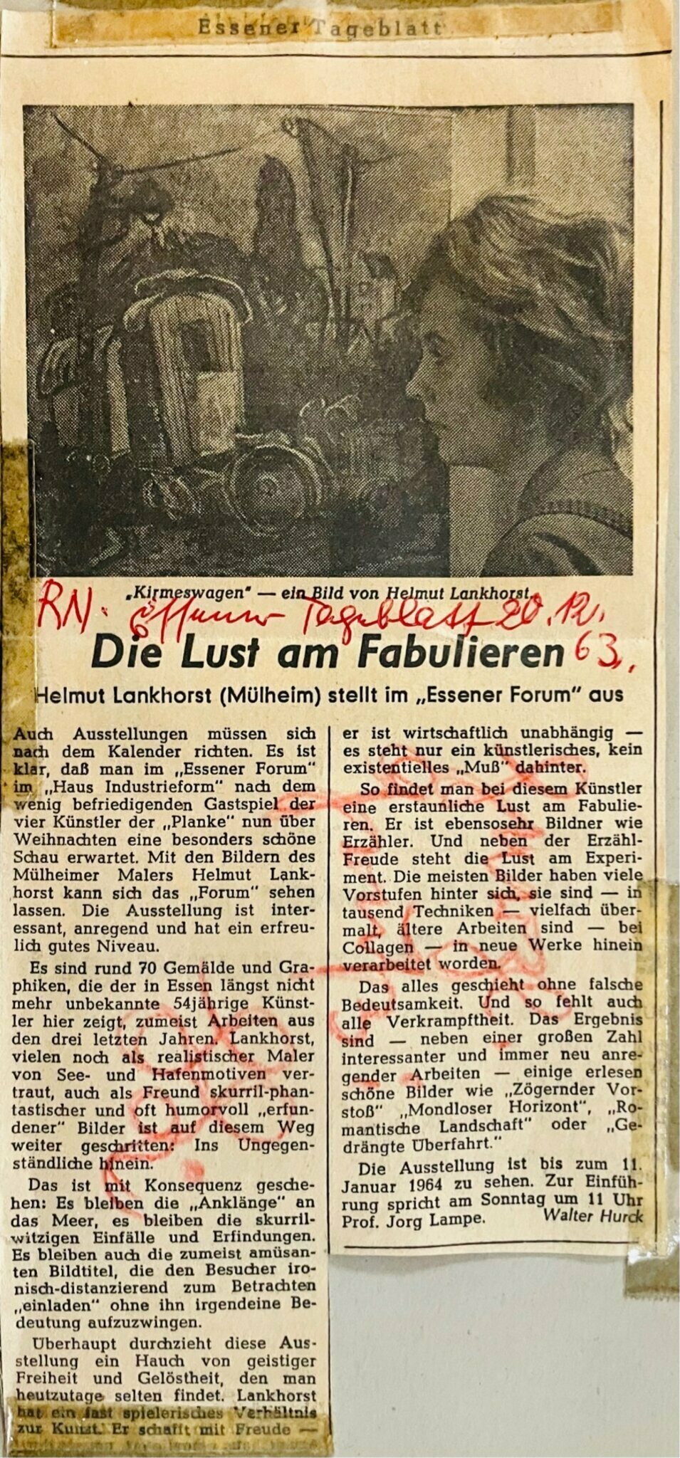 Vom Künstler signierter Zeitungsartikel - auf der Rückseite des Kunstwerks aufgeklebt: "... Lankhorst hat ein fast spielerisches Verhältnis zur Kunst. Er schafft mit Freude - er ist wirtschaftlich unabhängig - es steht nur ein künstlerisches, kein existenzielles "Muss" dahinter" , schreibt Walter Hurck.  | Foto: Walter Hurck, Essener Tageblatt